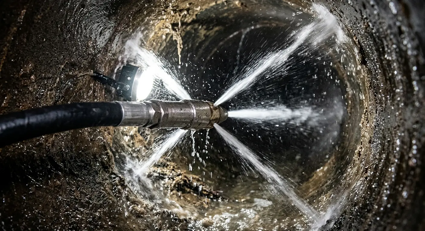 High-pressure hydro jetting nozzle cleaning sewer pipe for Trenchless Sewer Repair in East Liverpool