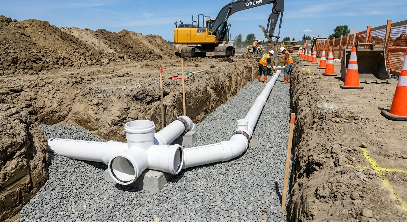 New PVC sewer pipe installation in open trench for Commercial Drain Cleaning in East Liverpool