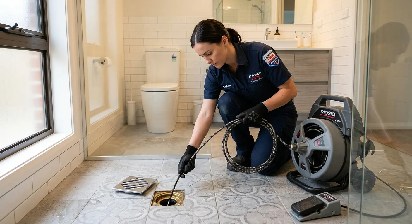 Technician clearing a bathroom floor drain for Drain Cleaning in East Liverpool
